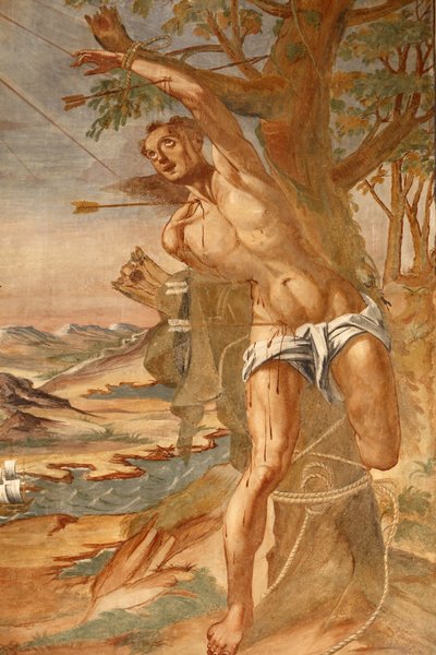 Basilikaen Santa Caterina, Galatina, Apulien Fresco i klosteret Malet af BrJoseph af Gravina i 1696, Galatina, Italien af Unbekannt