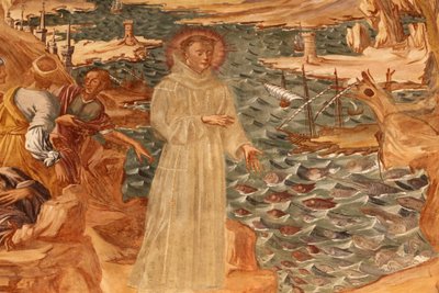 Basilica di Santa Caterina, Galatina, Apulien Fresco i klosteret: Sankt Antonius prædiker for fisken Malet af BrJoseph af Gravina i 1696, Galatina, Italien af Unbekannt