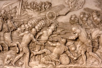 Basilica of St, Denis, Grav af Frans 1, konge af Frankrig og Claude af Frankrig, Foundations lavrelief, Skildring af slaget ved Marignano i 1515 - franskmændene og deres artilleri vendt mod det gamle schweiziske konføderation, Saint-Denis, Frankrig af Unbekannt