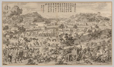 Slaget ved Tunggushi Luke: fra Battle Scenes of the Quelling of the Rebellions..., ca. 1765-1774. af Unbekannt