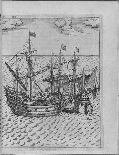 Kamp mellem Francis Drakes skib Golden Hind og det spanske skib Cacafuego. Fra Levinus Hulsiu af Unbekannt