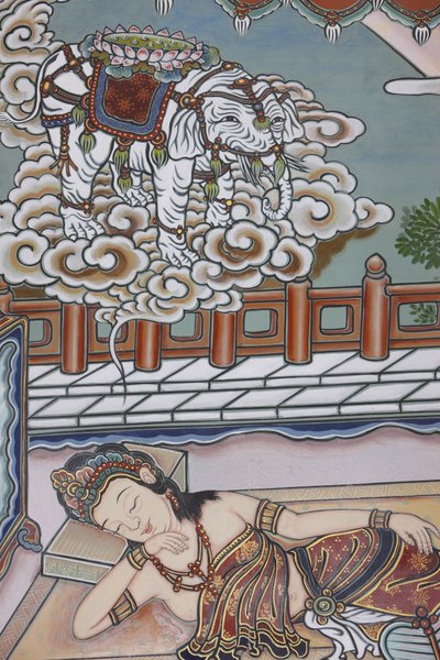 Før Siddartha Gautamas fødsel drømte hans mor om en hvid elefant, der præsenterede hende for en lotusblomst, Seoul, Coree du Sud af Unbekannt