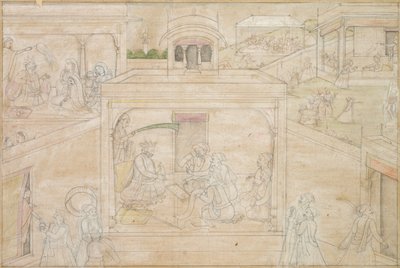 Bhimas-konsultation med astrologen: Scene fra Nala-Damayanti-tegningerne, ca. 1790-1800. af Unbekannt