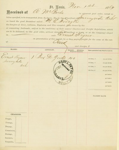 Konnossement, dampbåd M [ary] E. Forsyth, Sunnyside, Arkansas, 1. november 1864 af Unbekannt