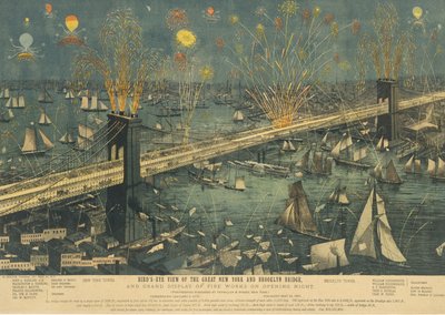 Fugleperspektiv af Great New York og Brooklyn Bridge, og Grand Display of Fireworks ..., 1883. af Unbekannt