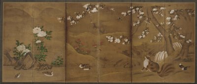 Fugle, årstidernes blomster og civetkatte, Muromachi- eller Momoyama-perioden, 1500-tallet. af Unbekannt