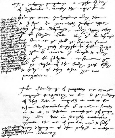 Biskop Latimers argumenter mod den katolske doktrin om skærsilden med marginalnoter lavet af kong Henrik VIII, ca. 1538 (pen og blæk på papir) af Unbekannt