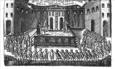 Velsignelse af det russiske nytår fra Georg Adam Schleissing Derer beiyden Czaaren i Reussland Ivan og Peter Alexewiz, 1693 af Unbekannt