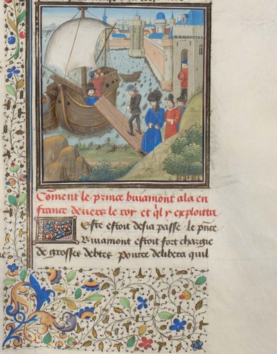 Bohemond I af Antiochia rejste tilbage til Apulien. Miniature fra Historia af Vilhelm af Tyrus, 1460