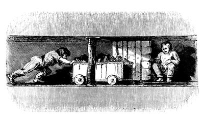 Dreng skubber en lastbil fyldt med kul fra kulfladen til bunden af grubeskaftet, c1848 af Unbekannt