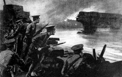 Britiske tropper på flodbredden forberedte sig på tysk fremrykning, Belgien, Første Verdenskrig, 1914 af Unbekannt