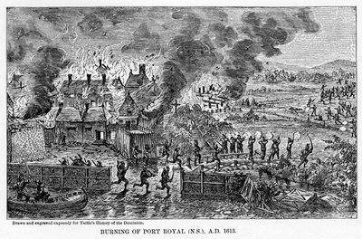 Afbrænding af Port Royal Nova Scotia, AD 1613, 1877 af Unbekannt
