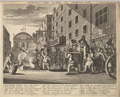 Burning the Rumps at Temple Bar Plate 11: Illustrationer til Samuel Butlers Hudibras, 1725-30. af Unbekannt