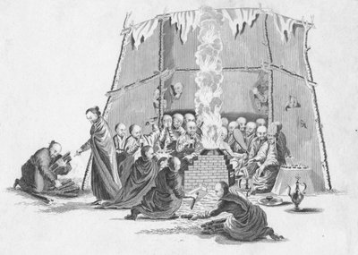 Brænding af en Lamas døde krop, c1802. af Unbekannt