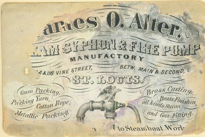 Visitkort til James O. Alter, dampsifon og brandpumpefabrik, St. Louis, ca. 1870 af Unbekannt