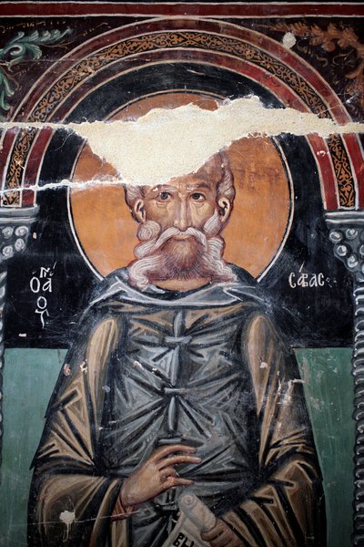 Byzantinsk fresco fra det 15. århundrede (detalje) Saint Sabas Vægmaleri Michael Archangel Chapel, Galata landsby Cypern Malede kirker UNESCO-sted Troodos, Cypern af Unbekannt