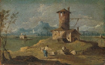 Capriccio med en ø, et tårn og huse, 1700-tallet. af Unbekannt