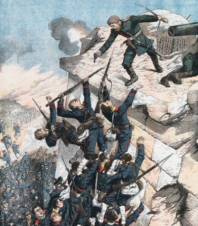 Kaptajn Lebedief forsvarer heroisk bastionen ved Port Arthur, russisk-japanske krig, 1904-5 af Unbekannt