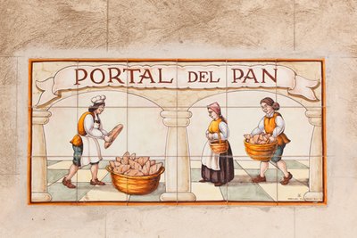 Keramisk flisemaleri af brødsælgers bod fra det 17. eller 18. århundrede på Plaza Mayor, Trujillo, Caceres-provinsen, Spanien af Unbekannt
