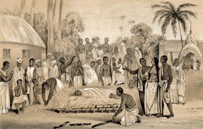 Ceremoni med afbrænding af en hinduistisk enke med liget af sin afdøde mand, 1847 af Unbekannt