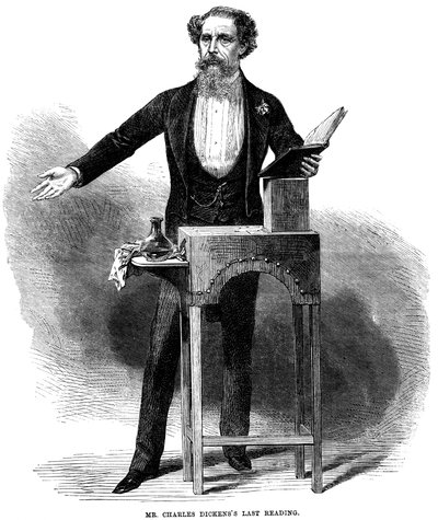 Charles Dickens 1812-70 holder sin sidste offentlige oplæsning i St James
