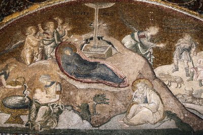Chora kirkemuseum: Jesu fødsel mosaik (Maria hviler efter fødslen, Josef sidder) Istanbul Turkiet af Unbekannt