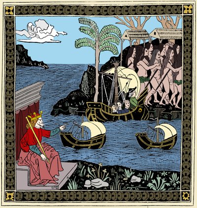 Christopher Columbus Discovering America, træsnit, 1493 af Unbekannt