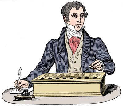 Ekspedient ved hjælp af en Pascal tilføjelsesmaskine, 1835 af Unbekannt