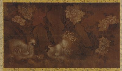 Hane, høne og høns nær pæonbuske, Qing-dynastiet, 1700-tallet. af Unbekannt