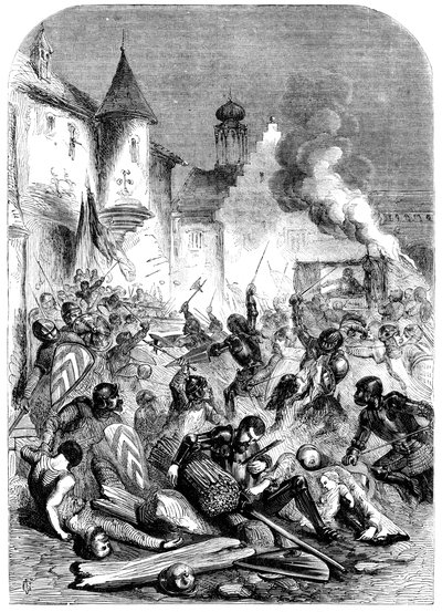 Kamp mellem engelske og franske riddere på en plads i Limoges af Unbekannt