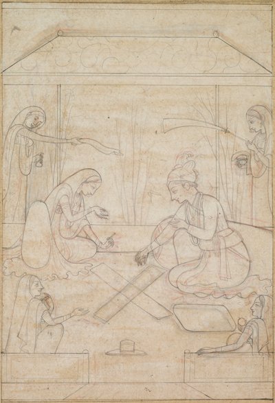 Par, der spiller Chaupar på en terrasse, ca. 1790-1800. af Unbekannt