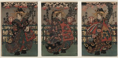 Kurtisanerne Shigeoka, Sugatano og Hanamurasaki. Triptykon. Fra serien The Beautys of the Yoshiw af Unbekannt