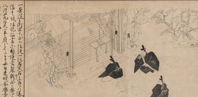Hoffolk besøger Sugawara no Michizanes lighustempel..., ca. 1300. af Unbekannt