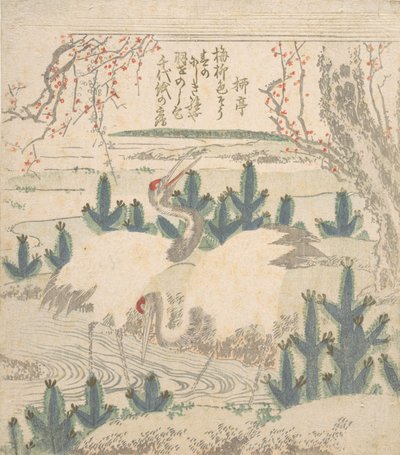 Traner blandt unge fyrretræer nær en å, ca. 1830. af Unbekannt