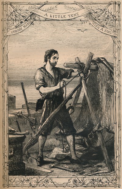 Crusoe laver et lille telt med et sejl, c1870 af Unbekannt