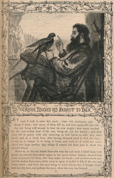 Crusoe lærer sin papegøje at tale, c1870 af Unbekannt