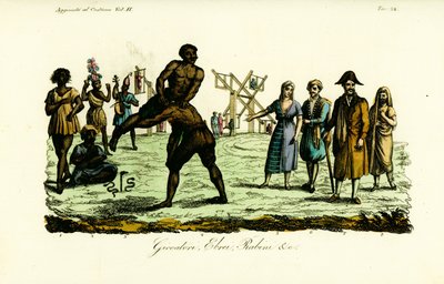 Danser kaldet Ulde Benaye 1, slangetæmmer 2, to mænd, der udfører Busardia-dansen 3, to wrestlere 4, jødisk kvinde 5, jødisk mand 6, rabbiner 7 og hore i slør 8 af Unbekannt