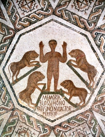 Daniel i løvehulen, romersk mosaik fra Bordj El Loudi, Tunesien, 5. århundrede e.Kr. af Unbekannt