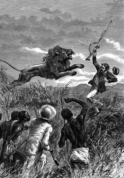 David Livingstone, skotsk missionær og afrikansk opdagelsesrejsende, anklaget af en løve, c1860 af Unbekannt
