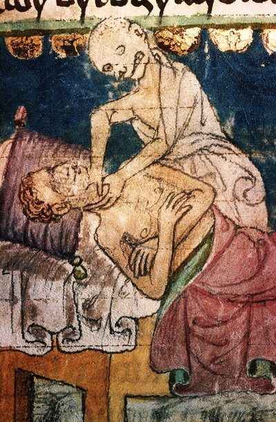 Døden kvæler et offer for pesten. Fra Stiny Codex, 1300-tallet af Unbekannt