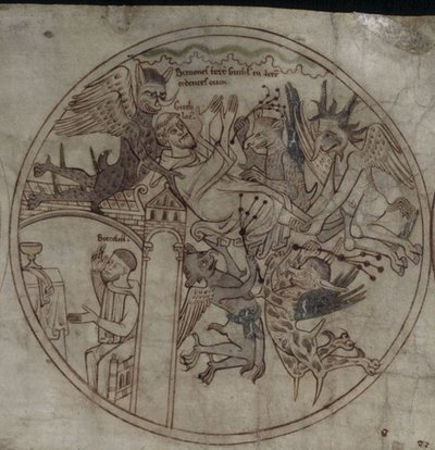 Dämonen greifen Guthlac an, Manuskript Das Leben des heiligen Guthlac, frühes 12. Jahrhundert von Unbekannt