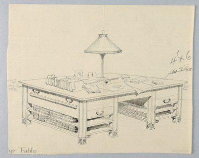 Design til massivt biblioteks opbevaringsbord med to åbne strækhylder på hver side, 1900–05 af Unbekannt
