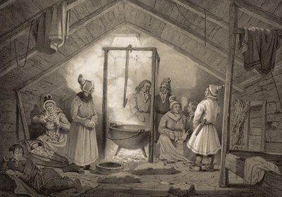 Det indre af et stuehus i Finnmark. Illustration hentet fra bogen Norge produceret i tegninger af Asbjørnsen, P.Chr. og udgivet af Chr. Tønsberg (nr. 1848) Søndagsklædte samer i en stue. «Træhytter (...) forekommer kun undtagelsesvis ved Sölapperne af Unbekannt