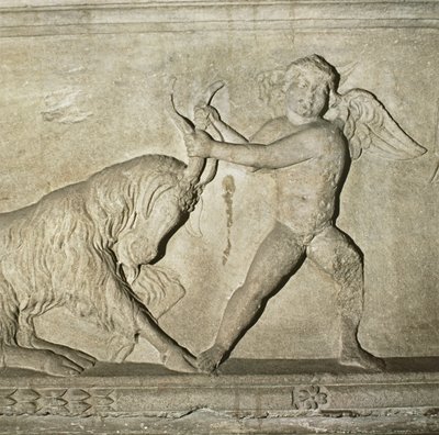 Detalje fra en græsk sarkofag fra Lydia, der viser en putto, der brydes med en ged (marmor) af Unbekannt