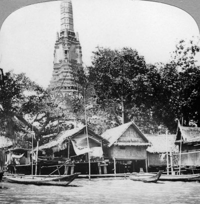 Dhows og huse ved Chao Phraya-floden, Bangkok, Thailand, 1900-tallet af Unbekannt