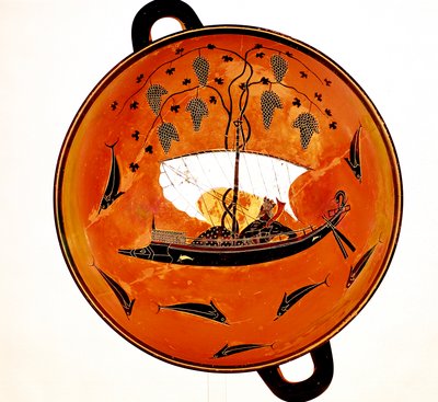 Dionysius i en sejlbåd omgivet af delfiner, oldgræsk ret Krater, 530 f.Kr. af Unbekannt