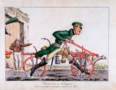 Draisienne eller velocipede vist som erstatning for heste i den franske postvæsen, 1818 af Unbekannt