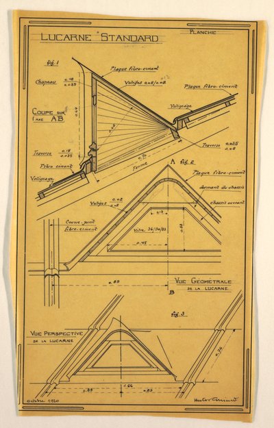Tegning, Design for et massefunktionelt hus tegnet af Hector Guimard, konstruktion af ovenlysvinduer, oktober 1920 af Unbekannt