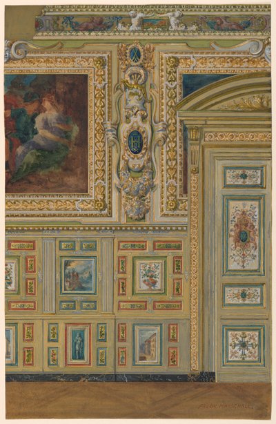 Tegning, sektion af en væg, der viser grupper af malede paneler, ovalt kammer, salon Louis XIV, Palace of Fontainebleau, Frankrig af Unbekannt