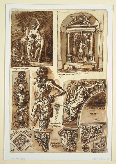 Tegning, Studieblade efter Bolognese Monumenter, 1811–14 af Unbekannt